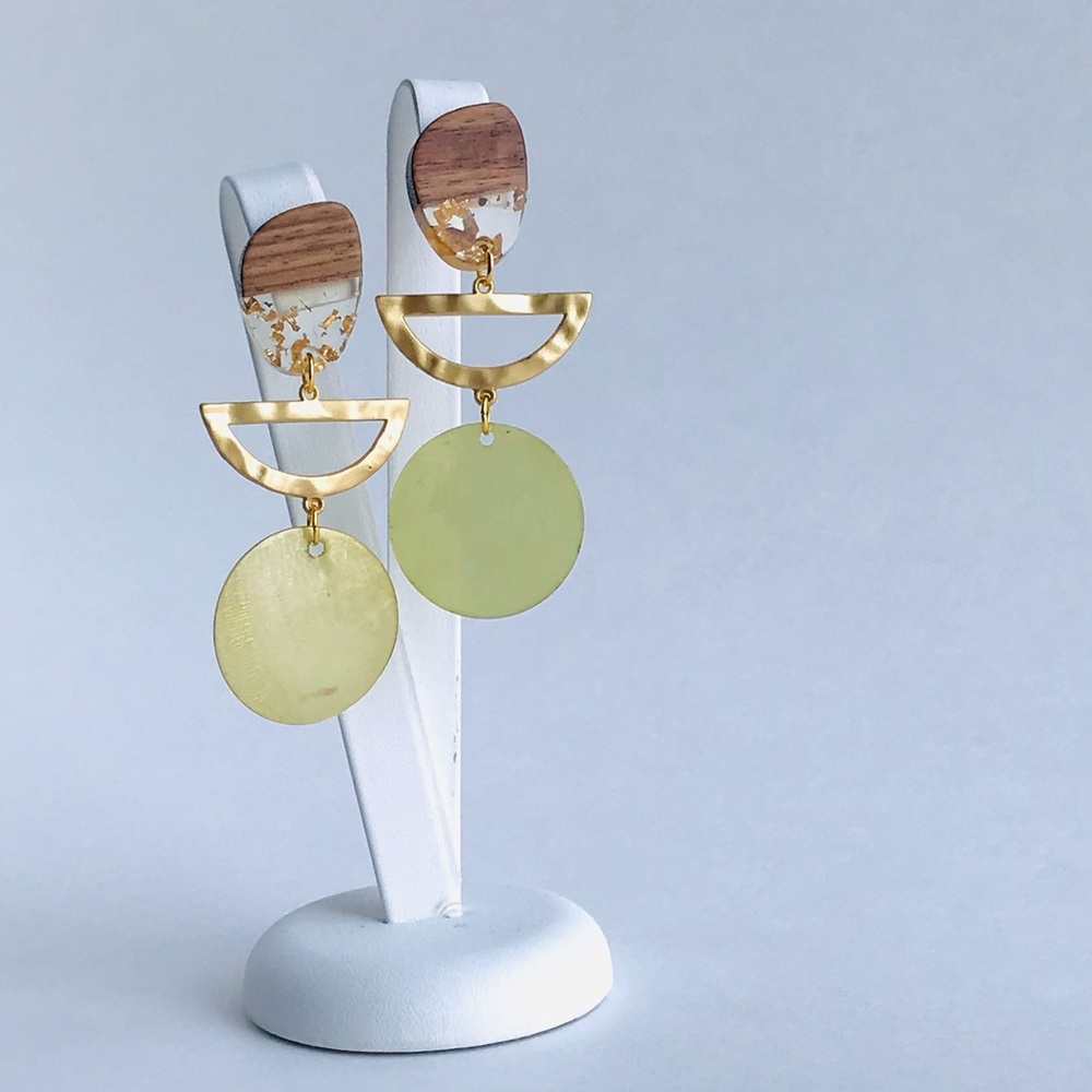 Wood Geometric Drop Earrings Mother of Pearl Statement Studs